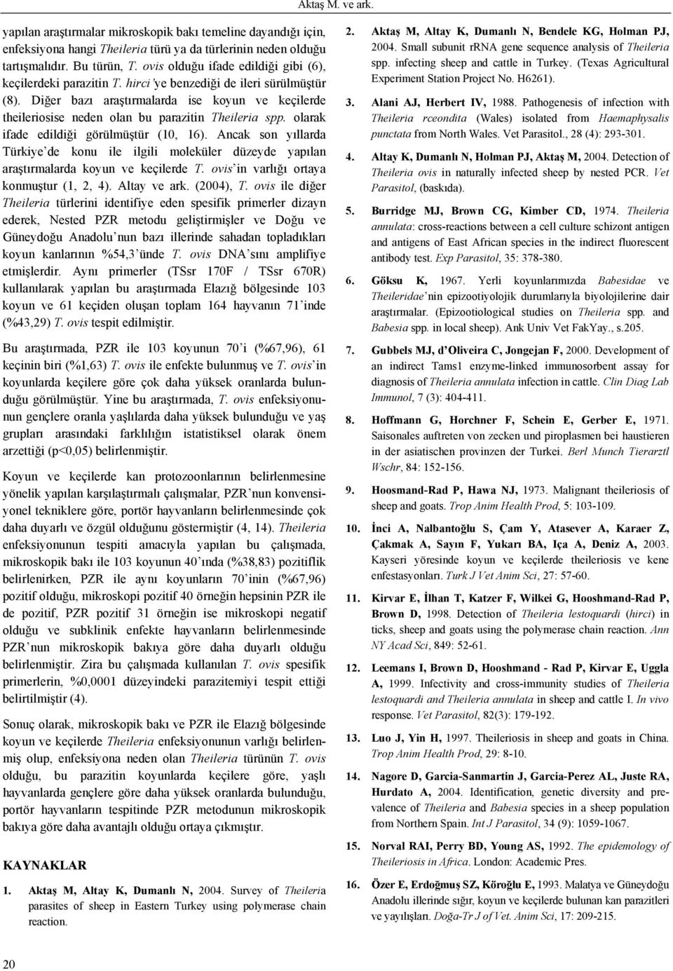 Diğer bazı araştırmalarda ise koyun ve keçilerde theileriosise neden olan bu parazitin Theileria spp. olarak ifade edildiği görülmüştür (10, 16).