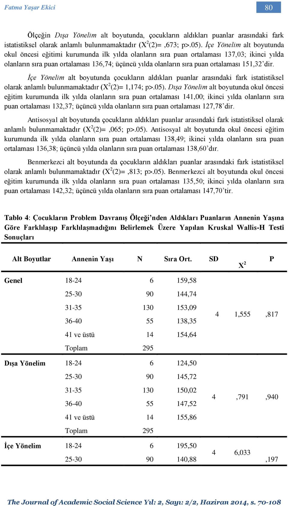 ortalaması 151,32 dir. İçe Yönelim alt boyutunda çocukların aldıkları puanlar arasındaki fark istatistiksel olarak anlamlı bulunmamaktadır (Χ 2 (2)= 1,174; p>.05).