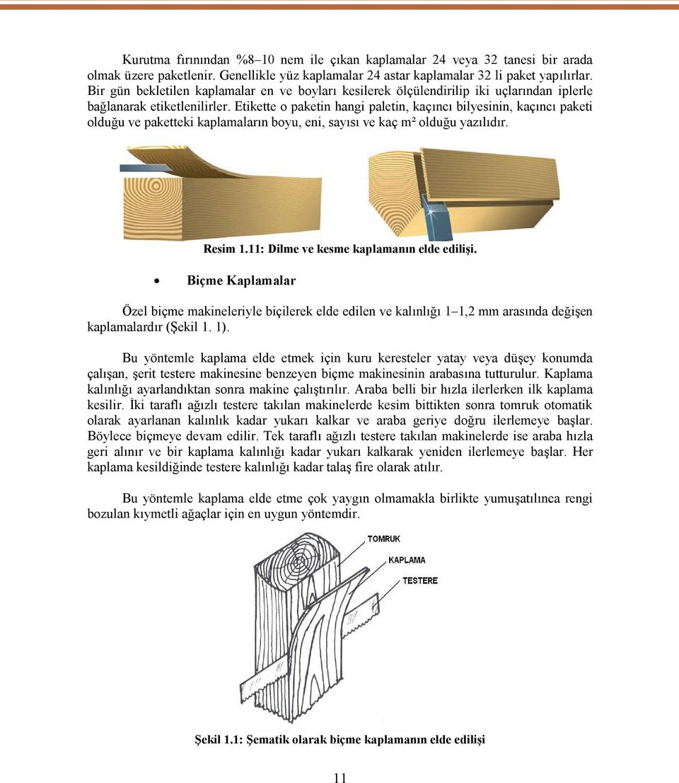 Etikette o paketin hangi paletin, kaçıncı bilyesinin, kaçıncı paketi olduğu ve paketteki kaplamaların boyu, eni, sayısı ve kaç m² olduğu yazılıdır. Resim 1.11: Dilme ve kesme kaplamanın elde edilişi.