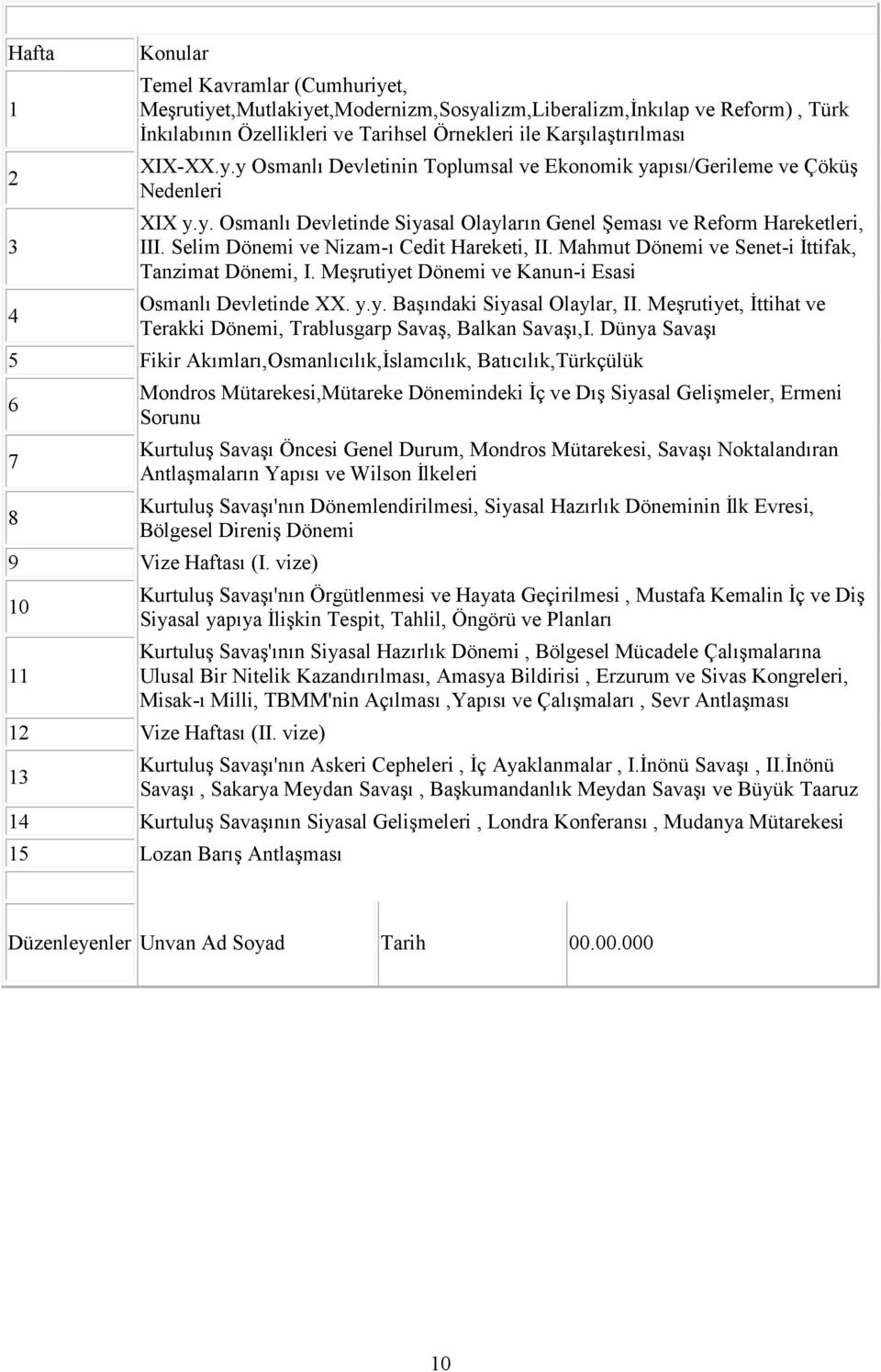 Selim Dönemi ve Nizam-ı Cedit Hareketi, II. Mahmut Dönemi ve Senet-i İttifak, Tanzimat Dönemi, I. Meşrutiyet Dönemi ve Kanun-i Esasi Osmanlı Devletinde. y.y. Başındaki Siyasal Olaylar, II.