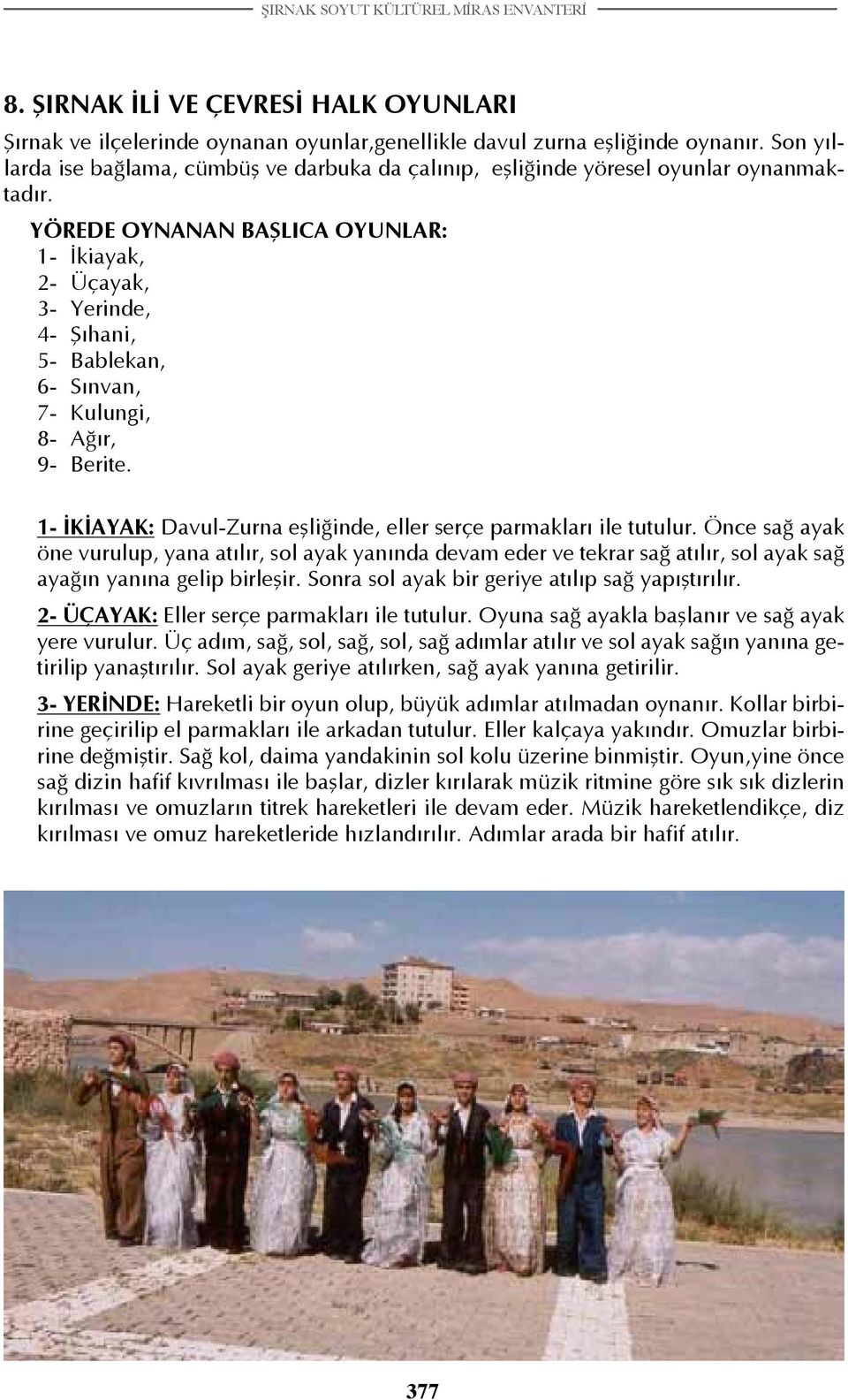 YÖREDE OYNANAN BAŞLICA OYUNLAR: 1- İkiayak, 2- Üçayak, 3- Yerinde, 4- Şıhani, 5- Bablekan, 6- Sınvan, 7- Kulungi, 8- Ağır, 9- Berite.