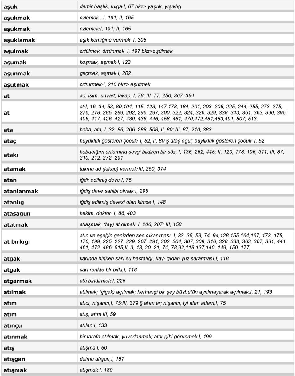 örttürmek-i, 210 bkz> eşütmek at ad, isim, unvart, lakap, I, 78; III, 77, 250, 367, 384 at at I, 16, 34, 53, 80,104, 115, 123, 147,178, 184, 201, 203, 206, 225, 244, 255, 273, 275, 276, 278, 285,