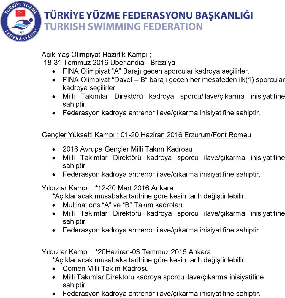 Gençler Yükselti Kampı : 01-20 Haziran 2016 Erzurum/Font Romeu 2016 Avrupa Gençler Milli Takım Kadrosu Milli Takımlar Direktörü kadroya sporcu ilave/çıkarma inisiyatifine sahiptir.