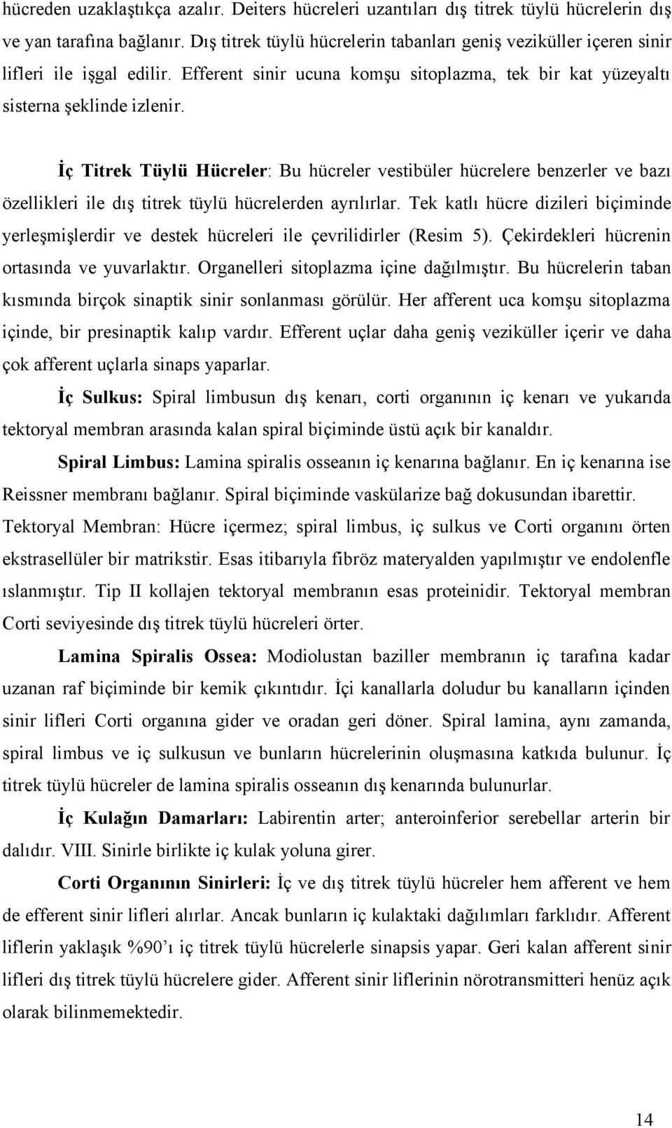 İç Titrek Tüylü Hücreler: Bu hücreler vestibüler hücrelere benzerler ve bazı özellikleri ile dış titrek tüylü hücrelerden ayrılırlar.