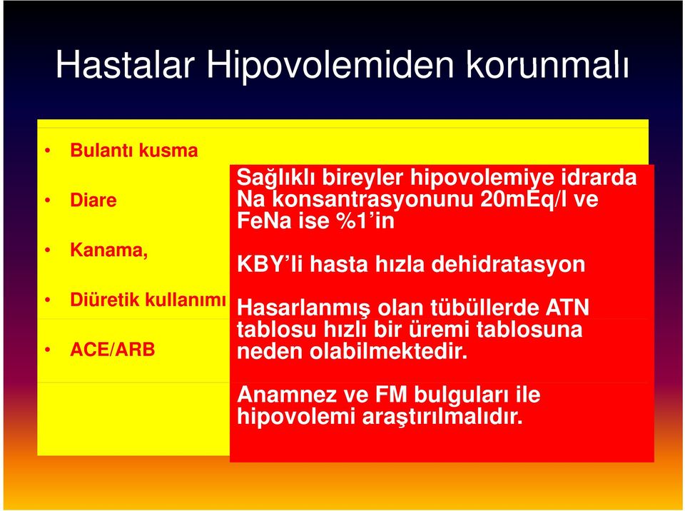 KBY li hasta hızla dehidratasyon Hasarlanmış ş olan tübüllerde ATN tablosu hızlı bir