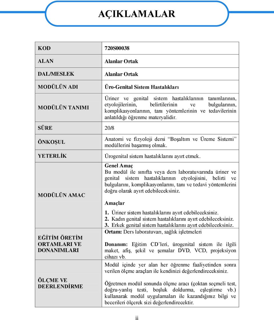 SÜRE 20/8 ÖNKOġUL YETERLĠK MODÜLÜN AMAC EĞĠTĠM ÖRETĠM ORTAMLARI VE DONANIMLARI ÖLÇME VE DEERLENDĠRME Anatomi ve fizyoloji dersi BoĢaltım ve Üreme Sistemi modüllerini baģarmıģ olmak.