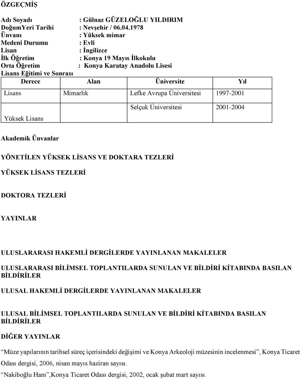 Yıl Lisans Mimarlık Lefke Avrupa Üniversitesi 1997-2001 Yüksek Lisans Selçuk Üniversitesi 2001-2004 Akademik Ünvanlar YÖNETİLEN YÜKSEK LİSANS VE DOKTARA TEZLERİ YÜKSEK LİSANS TEZLERİ DOKTORA TEZLERİ