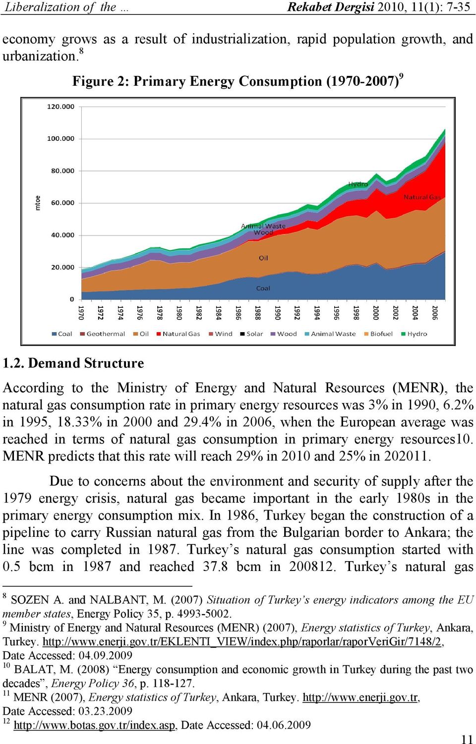 2% in 1995, 18.33% in 2000 and 29.4% in 2006, when the European average was reached in terms of natural gas consumption in primary energy resources10.