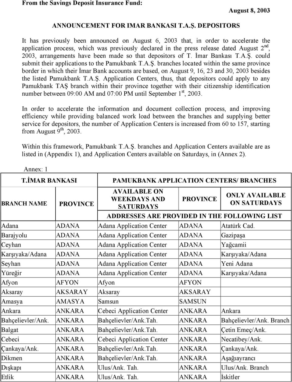 arrangements have been made so that depositors of T. İmar Bankası T.A.Ş.