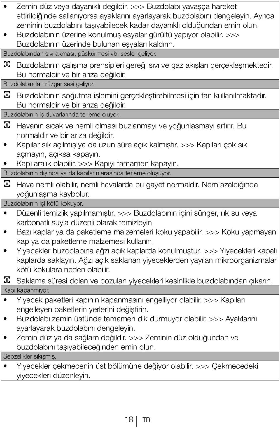 Buzdolabından sıvı akması, püskürmesi vb. sesler geliyor. C Buzdolabının çalışma prensipleri gereği sıvı ve gaz akışları gerçekleşmektedir. Bu normaldir ve bir arıza değildir.