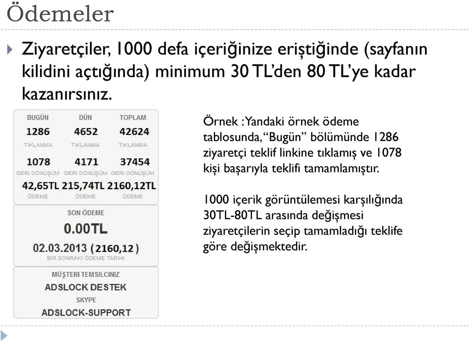 Örnek : Yandaki örnek ödeme tablosunda, Bugün bölümünde 1286 ziyaretçi teklif linkine tıklamış ve