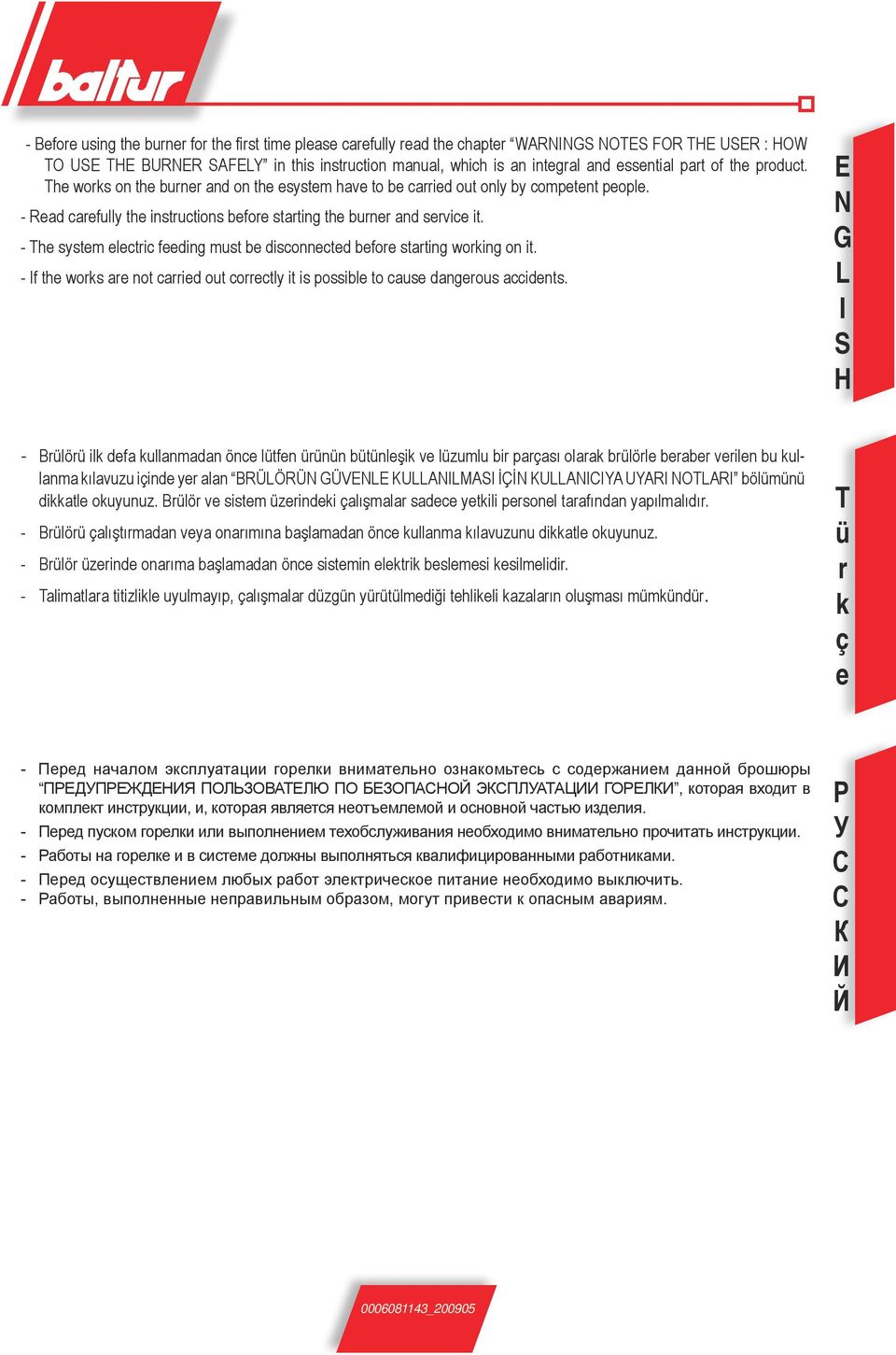 - The system electric feeding must be disconnected before starting working on it. - If the works are not carried out correctly it is possible to cause dangerous accidents.