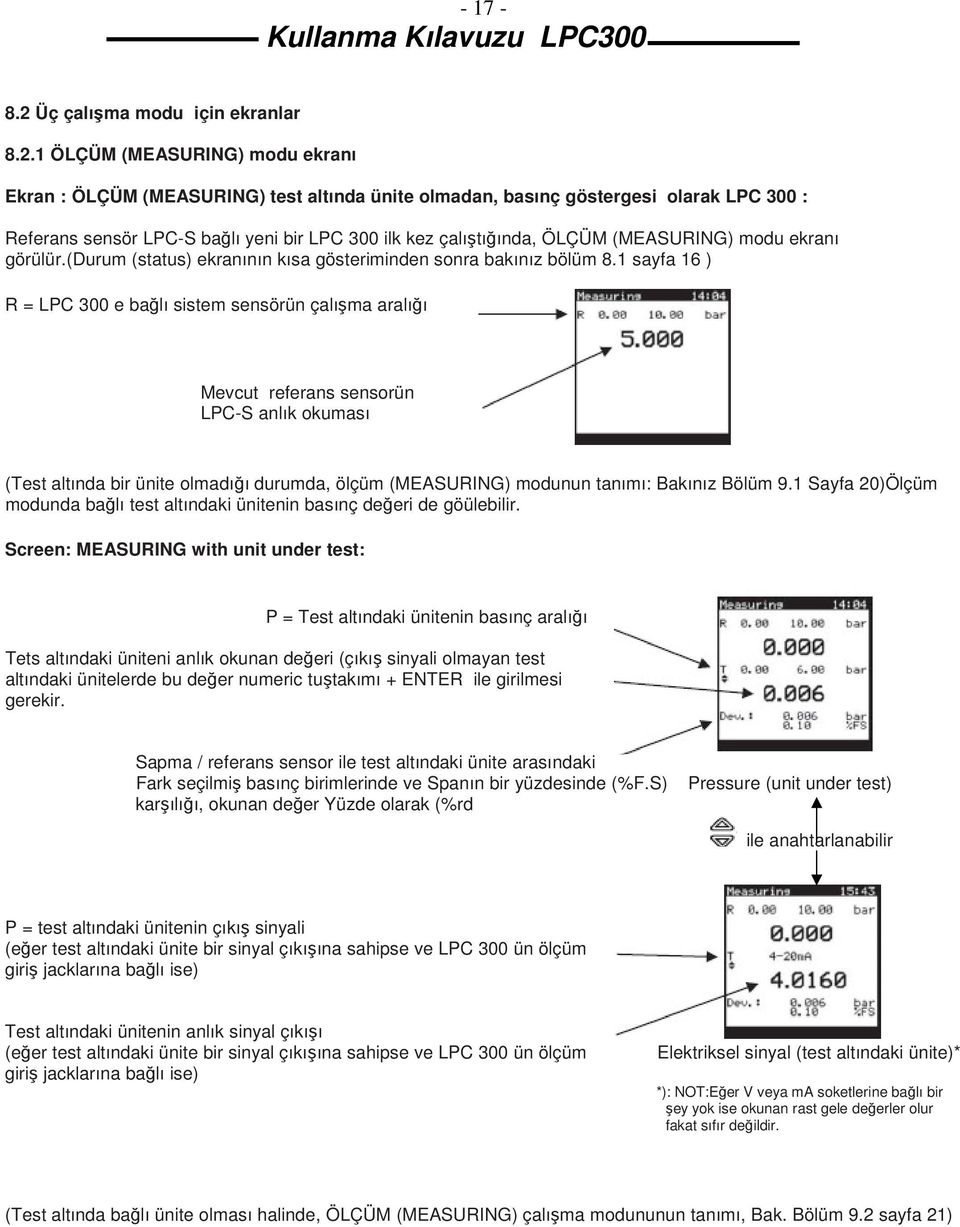 1 ÖLÇÜM (MEASURING) modu ekranı Ekran : ÖLÇÜM (MEASURING) test altında ünite olmadan, basınç göstergesi olarak LPC 300 : Referans sensör LPC-S bağlı yeni bir LPC 300 ilk kez çalıştığında, ÖLÇÜM