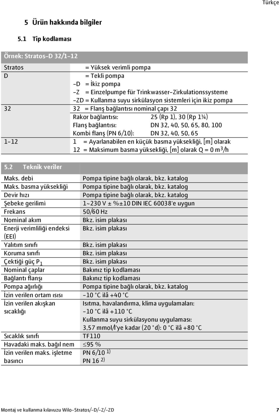 için ikiz pompa 32 32 = Flanş bağlantısı nominal çapı 32 Rakor bağlantısı: 25 (Rp 1), 30 (Rp 1¼) Flanş bağlantısı: DN 32, 40, 50, 65, 80, 100 Kombi flanş (PN 6/10): DN 32, 40, 50, 65 1-12 1 =