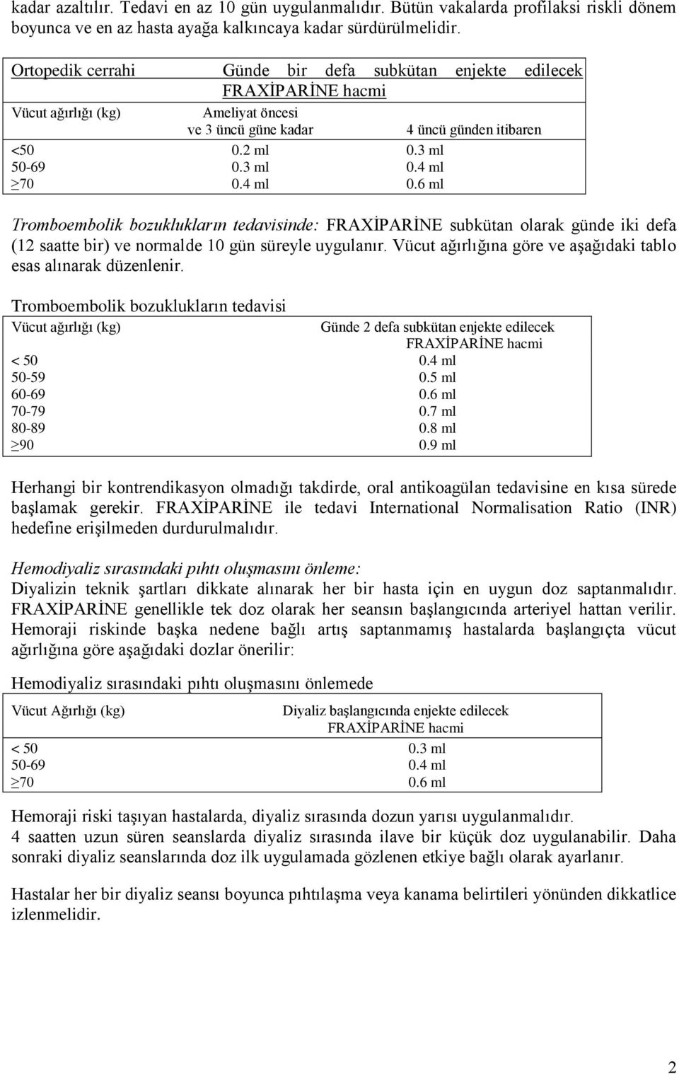 4 ml 0.6 ml Tromboembolik bozuklukların tedavisinde: FRAXİPARİNE subkütan olarak günde iki defa (12 saatte bir) ve normalde 10 gün süreyle uygulanır.