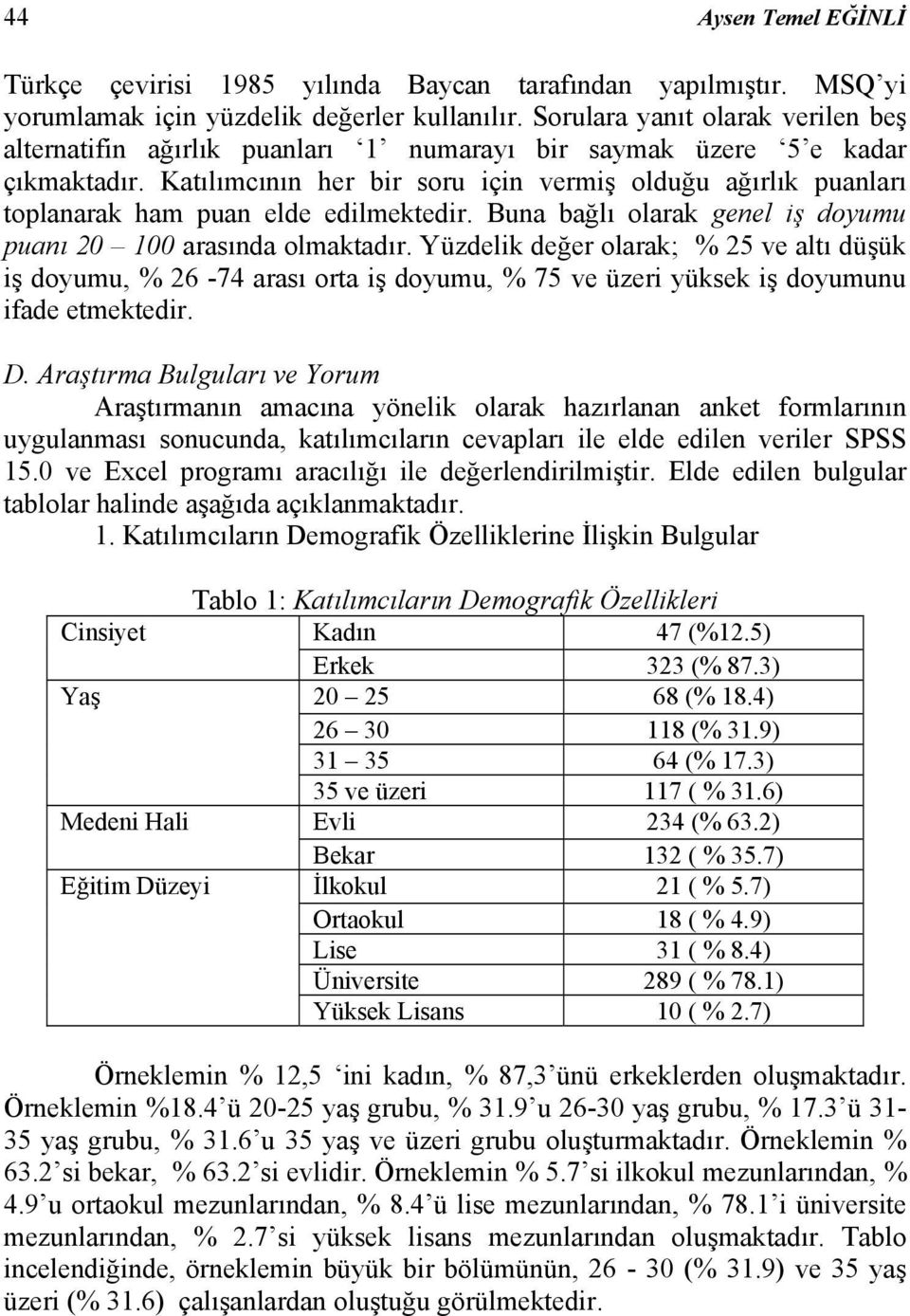 Katılımcının her bir soru için vermiş olduğu ağırlık puanları toplanarak ham puan elde edilmektedir. Buna bağlı olarak genel iş doyumu puanı 20 100 arasında olmaktadır.