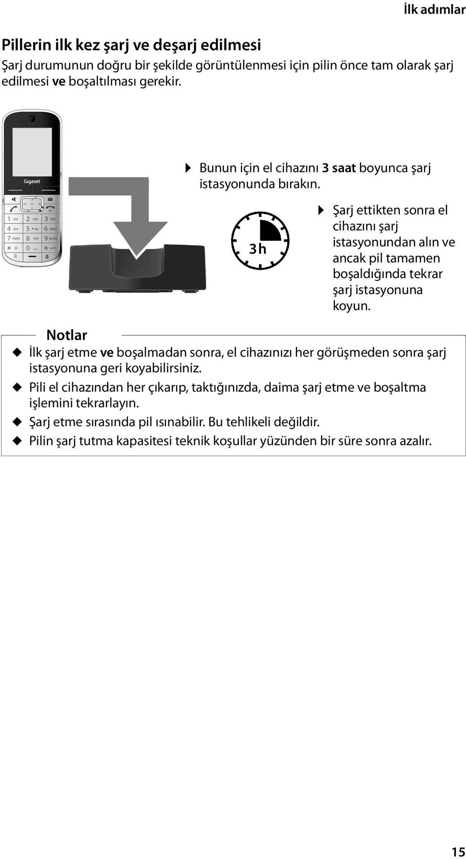 Şarj ettikten sonra el cihazını şarj istasyonundan alın ve ancak pil tamamen boşaldığında tekrar şarj istasyonuna koyun.