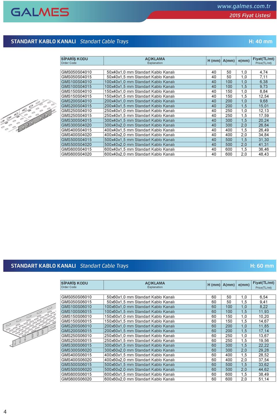 500xx 500 41,31 GMS0S015 0xx 0 36,46 STANDART KABLO KANALI Cable Trays GMS0S020 0xx 0 48,43 H: H () A() STANDART KABLO KANALI Cable Trays H:6 GMS050S010 50xx 50 4,74 H () A() e() GMS050S015 50xx 50