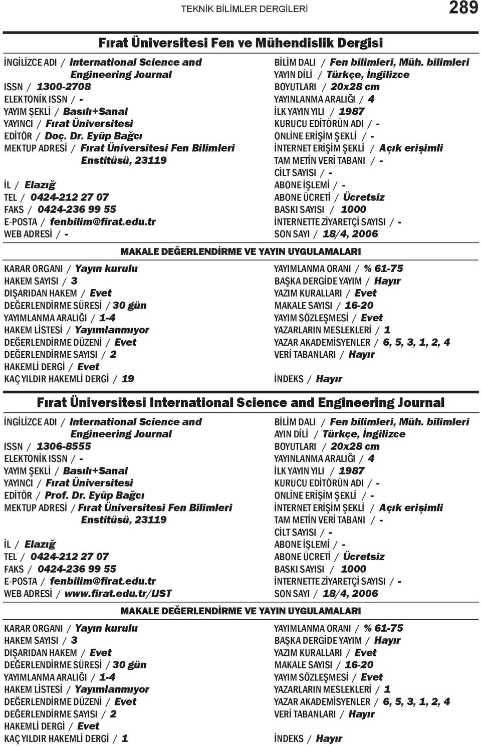 tr WEB ADRESİ / - YAYIMLANMA ARALIĞI / 1-4 KAÇ YILDIR HAKEMLİ DERGİ / 19 BİLİM DALI / Fen bilimleri, Müh.