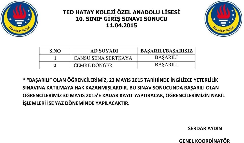 ÖĞRENCİLERİMİZ, 23 MAYIS 2015 TARİHİNDE İNGİLİZCE YETERLİLİK SINAVINA KATILMAYA HAK KAZANMIŞLARDIR.