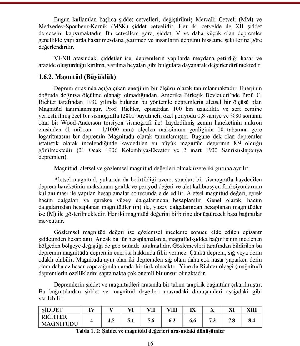 VI-XII arasındaki şiddetler ise, depremlerin yapılarda meydana getirdiği hasar ve arazide oluşturduğu kırılma, yarılma heyalan gibi bulgulara dayanarak değerlendirilmektedir. 1.6.2.