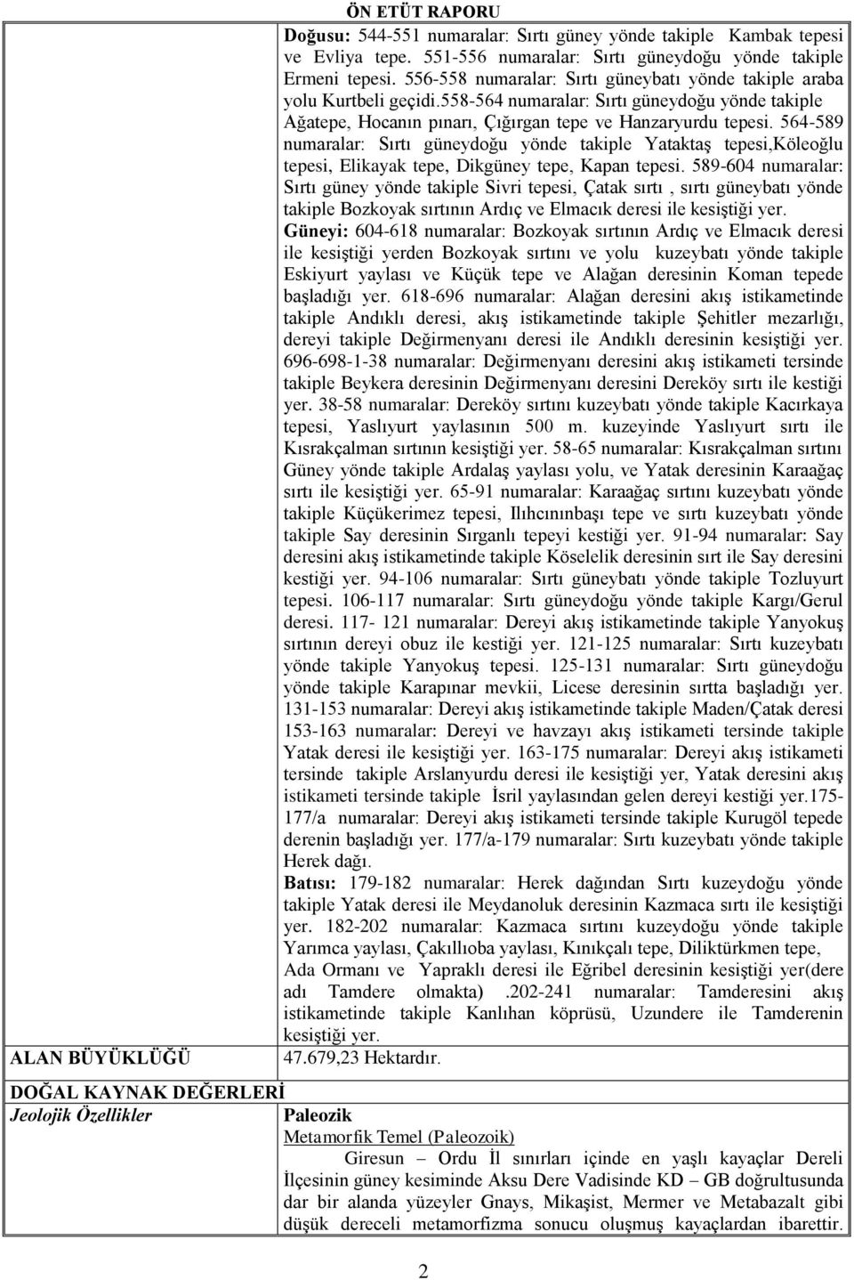 564-589 numaralar: Sırtı güneydoğu yönde takiple Yataktaş tepesi,köleoğlu tepesi, Elikayak tepe, Dikgüney tepe, Kapan tepesi.