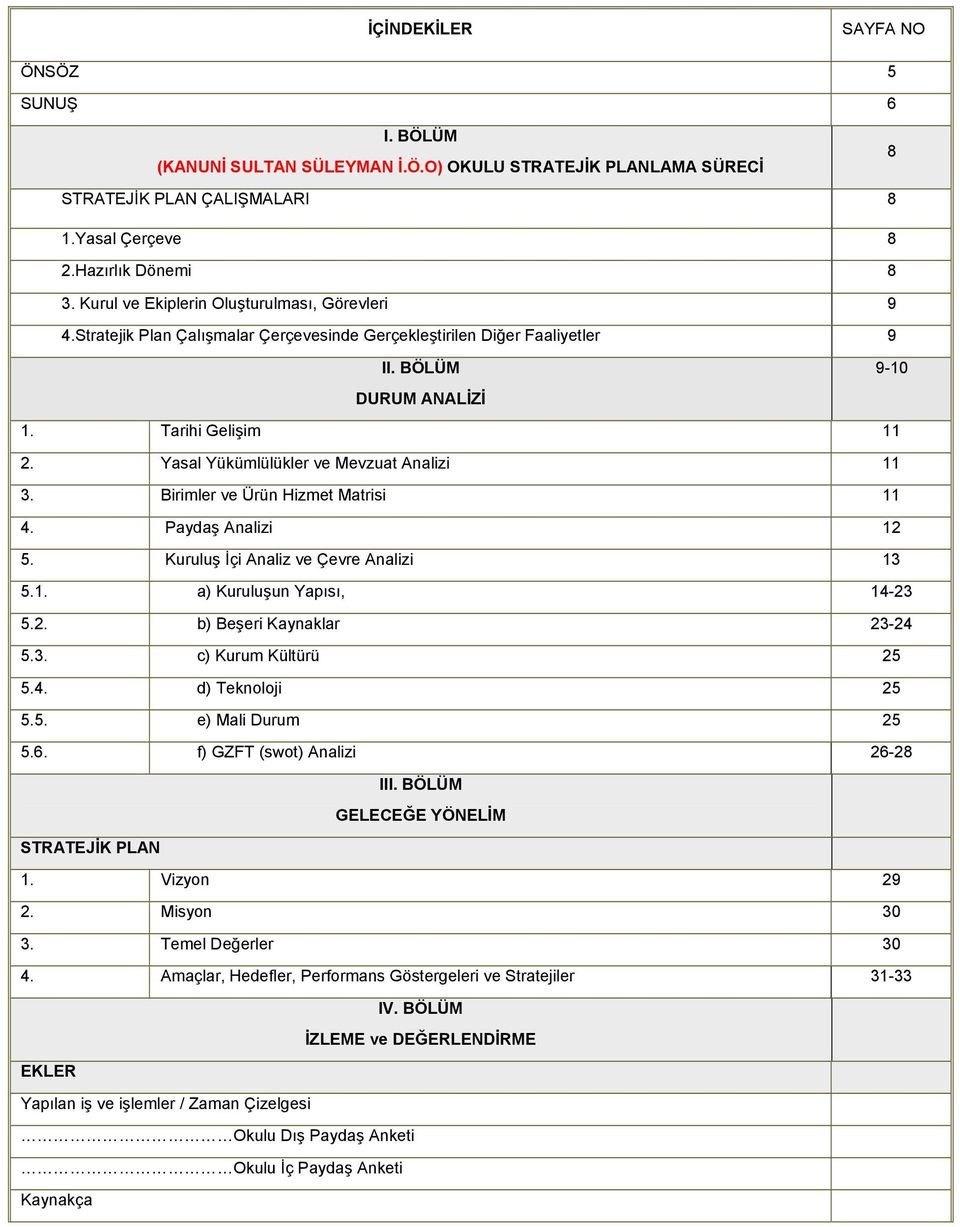 Yasal Yükümlülükler ve Mevzuat Analizi 11 3. Birimler ve Ürün Hizmet Matrisi 11 4. Paydaş Analizi 12 5. Kuruluş İçi Analiz ve Çevre Analizi 13 5.1. a) Kuruluşun Yapısı, 14-23 5.2. b) Beşeri Kaynaklar 23-24 5.