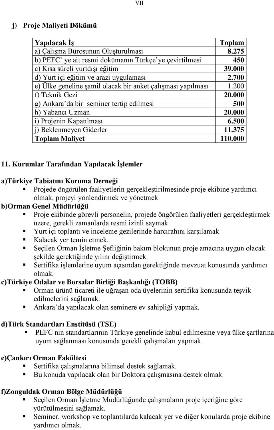 000 g) Ankara da bir seminer tertip edilmesi 500 h) Yabancı Uzman 20.000 i) Projenin Kapatılması 6.500 j) Beklenmeyen Giderler 11.375 Toplam Maliyet 110.000 11.