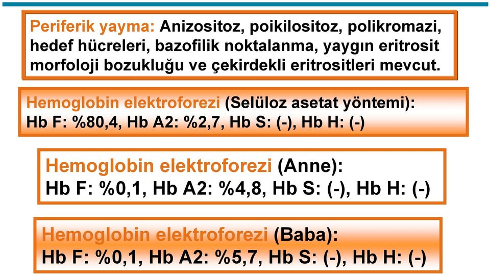 Hemoglobin elektroforezi (Selüloz asetat yöntemi): Hb F: %80,4, Hb A2: %2,7, Hb S: (-), Hb H: (-)