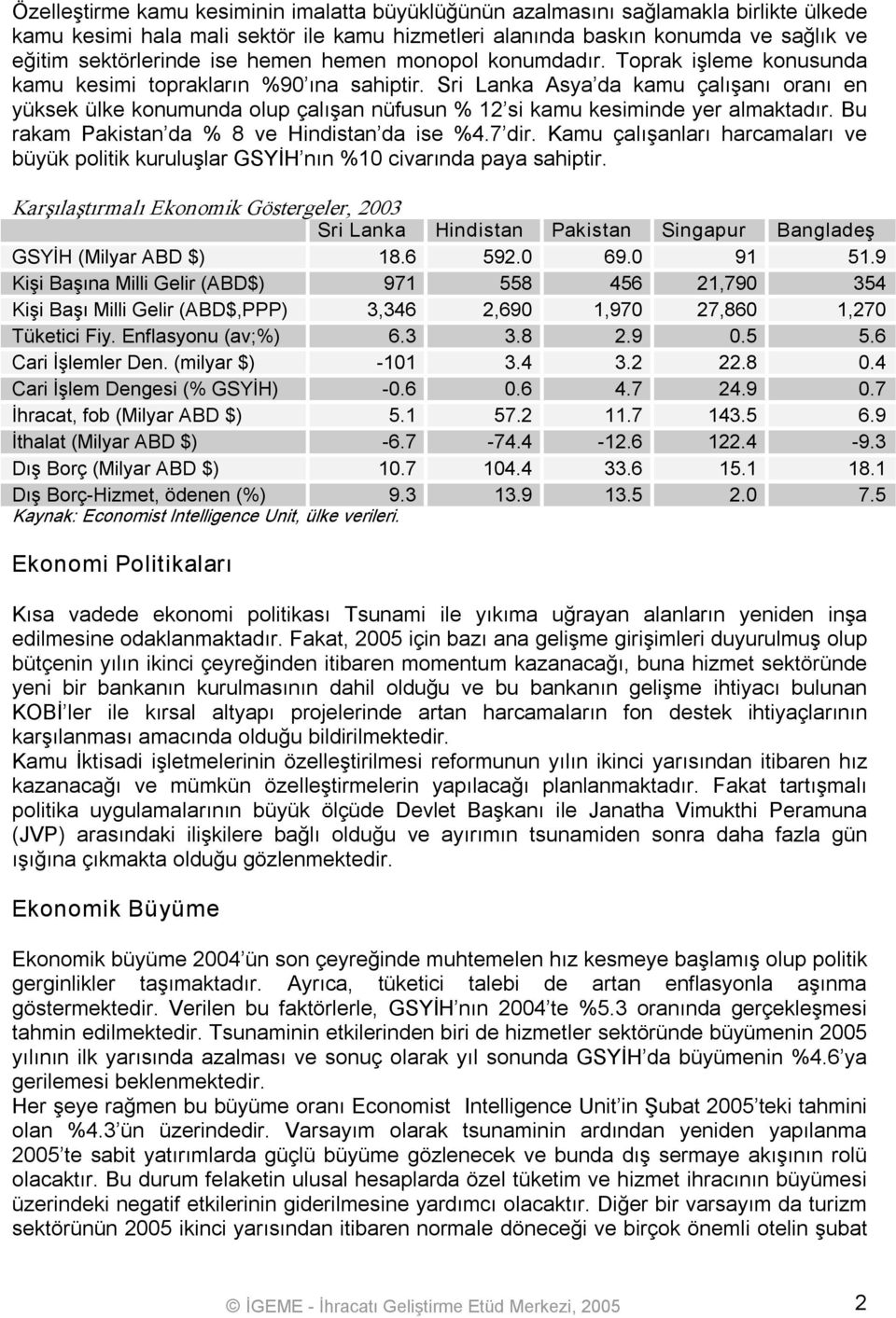 Sri Lanka Asya da kamu çalışanı oranı en yüksek ülke konumunda olup çalışan nüfusun % 12 si kamu kesiminde yer almaktadır. Bu rakam Pakistan da % 8 ve Hindistan da ise %4.7 dir.