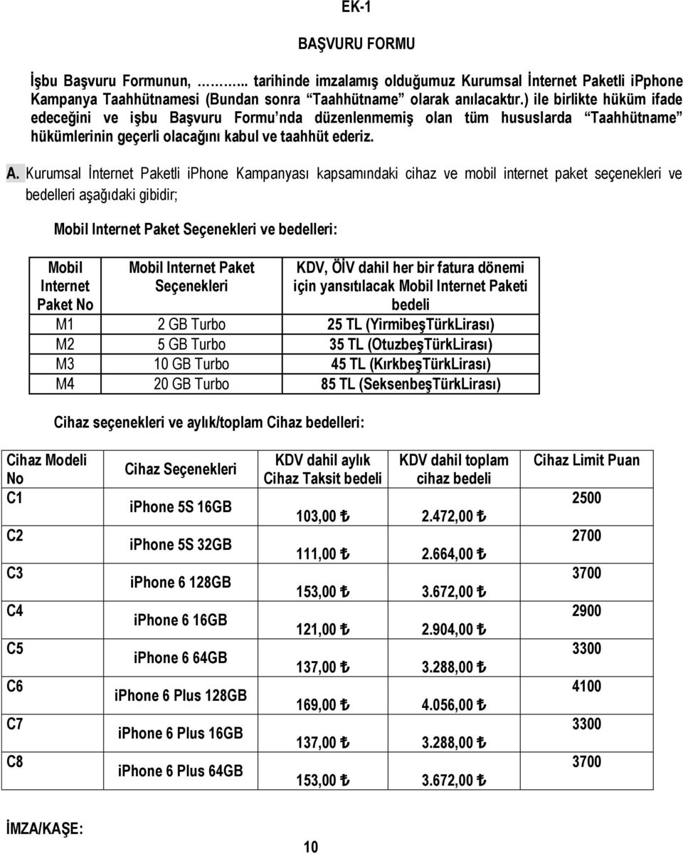 Kurumsal İnternet Paketli iphone Kampanyası kapsamındaki cihaz ve mobil internet paket seçenekleri ve bedelleri aşağıdaki gibidir; Mobil Internet Paket Seçenekleri ve bedelleri: Mobil Internet Paket