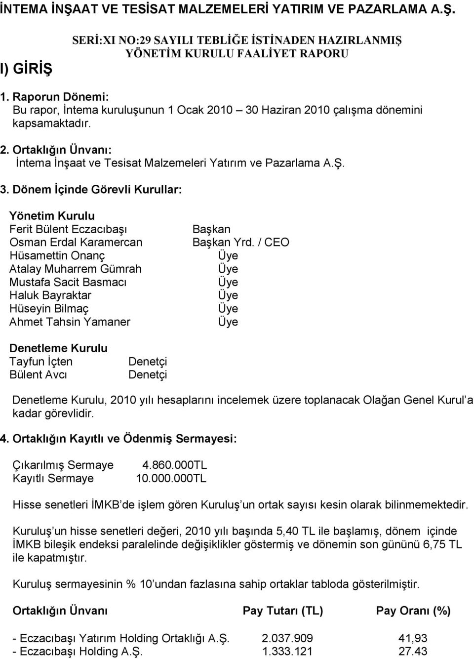 Haziran 2010 çalışma dönemini kapsamaktadır. 2. Ortaklığın Ünvanı: İntema İnşaat ve Tesisat Malzemeleri Yatırım ve Pazarlama A.Ş. 3.