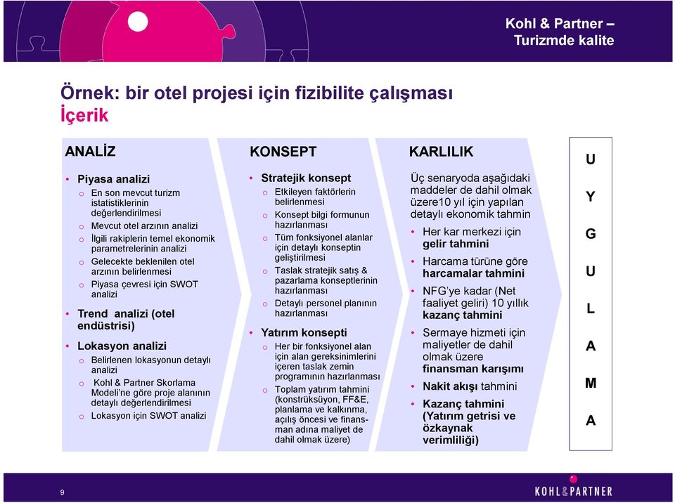 lokasyonun detaylı analizi o Kohl & Partner Skorlama Modeli ne göre proje alanının detaylı değerlendirilmesi o Lokasyon için SWOT analizi Stratejik konsept o Etkileyen faktörlerin belirlenmesi o