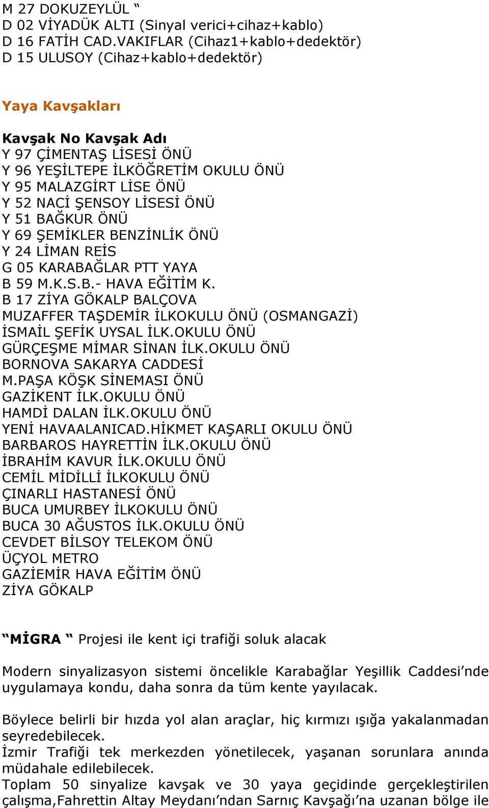 51 BAĞKUR ÖNÜ Y 69 ŞEMİKLER BENZİNLİK ÖNÜ Y 24 LİMAN REİS G 05 KARABAĞLAR PTT YAYA B 59 M.K.S.B.- HAVA EĞİTİM K.