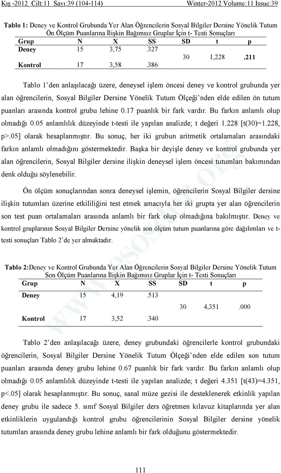 386 Tablo 1 den anlaşılacağı üzere, deneysel işlem öncesi deney ve kontrol grubunda yer alan öğrencilerin, Sosyal Bilgiler Dersine Yönelik Tutum Ölçeği nden elde edilen ön tutum puanları arasında