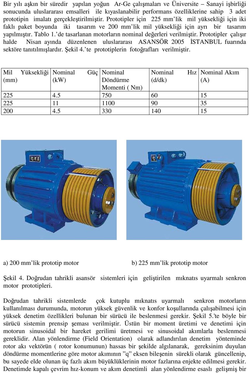de tasarlanan motorların nominal değerleri verilmiştir. Prototipler çalışır halde Nisan ayında düzenlenen uluslararası ASANSÖR 2005 ĐSTANBUL fuarında sektöre tanıtılmışlardır. Şekil 4.