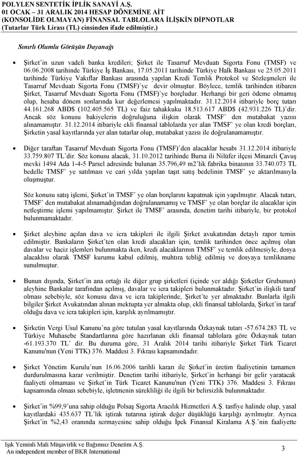 Böylece, temlik tarihinden itibaren Şirket, Tasarruf Mevduatı Sigorta Fonu (TMSF) ye borçludur. Herhangi bir geri ödeme olmamış olup, hesaba dönem sonlarında kur değerlemesi yapılmaktadır. 31.12.