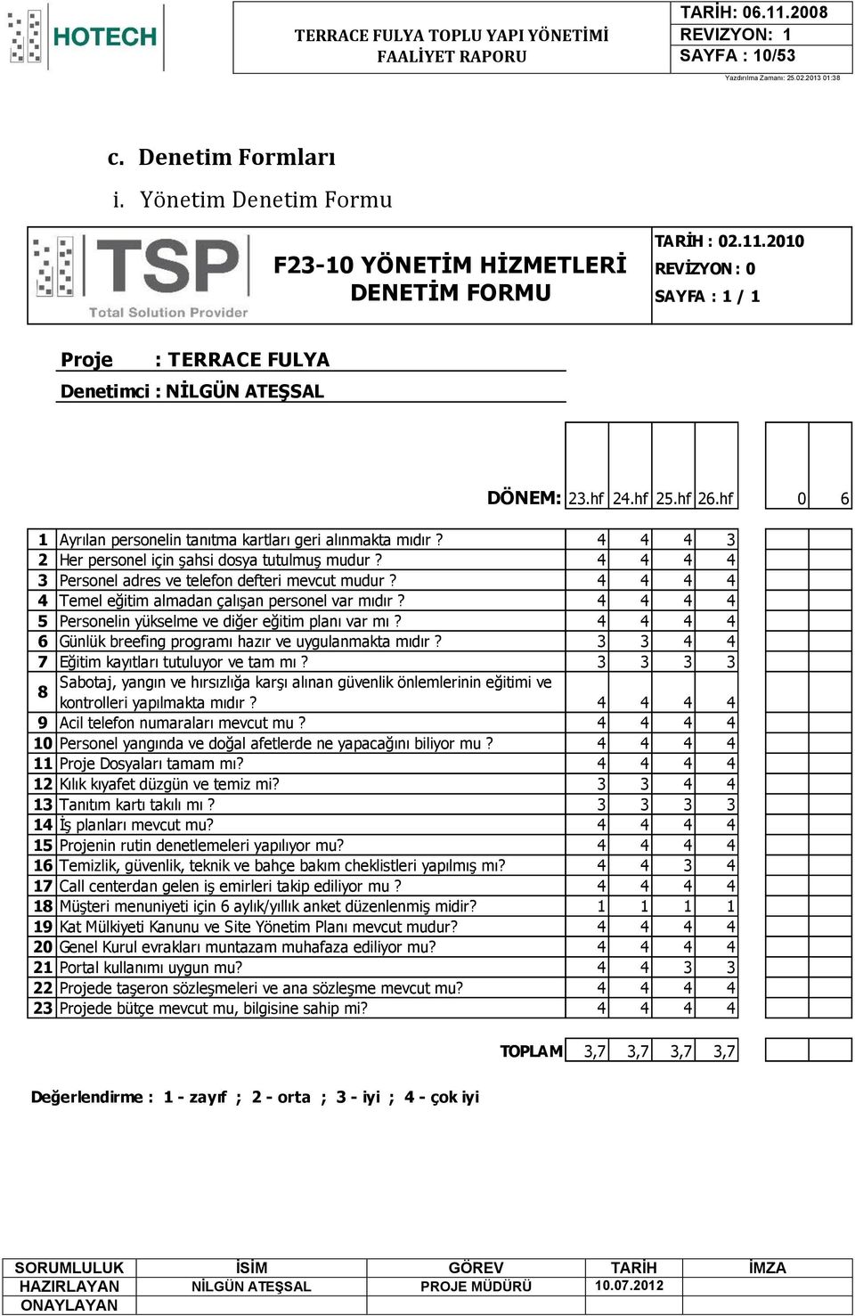 hf 0 6 1 Ayrılan personelin tanıtma kartları geri alınmakta mıdır? 4 4 4 3 2 Her personel için Ģahsi dosya tutulmuģ mudur? 4 4 4 4 3 Personel adres ve telefon defteri mevcut mudur?