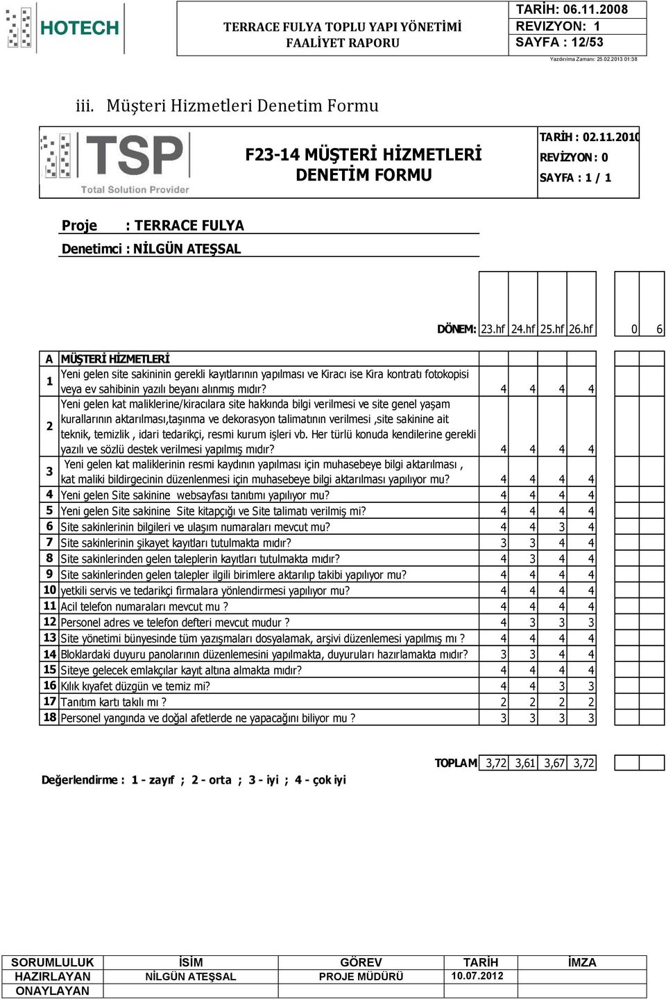 hf 0 6 A MÜŞTERİ HİZMETLERİ Yeni gelen site sakininin gerekli kayıtlarının yapılması ve Kiracı ise Kira kontratı fotokopisi 1 veya ev sahibinin yazılı beyanı alınmıģ mıdır?