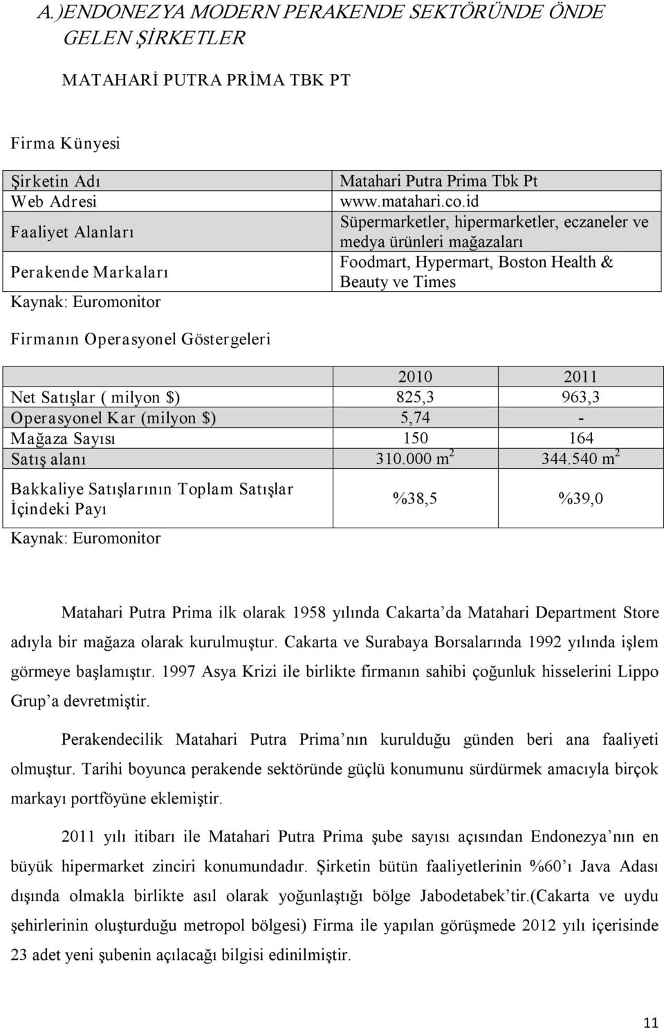 id Süpermarketler, hipermarketler, eczaneler ve medya ürünleri mağazaları Foodmart, Hypermart, Boston Health & Beauty ve Times Firmanın Operasyonel Göstergeleri 2010 2011 Net Satışlar ( milyon $)