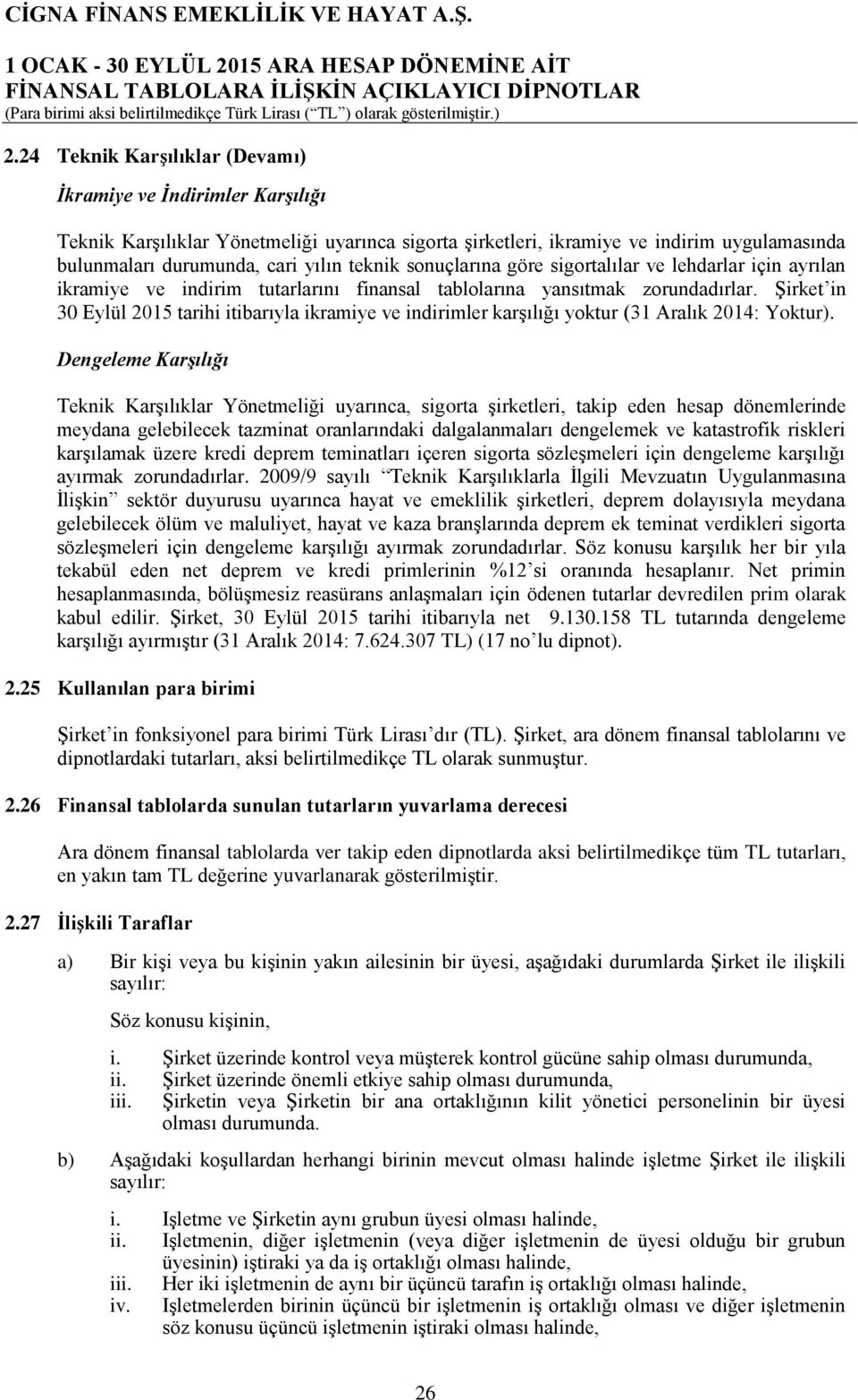 Şirket in 30 Eylül 2015 tarihi itibarıyla ikramiye ve indirimler karşılığı yoktur (31 Aralık 2014: Yoktur).