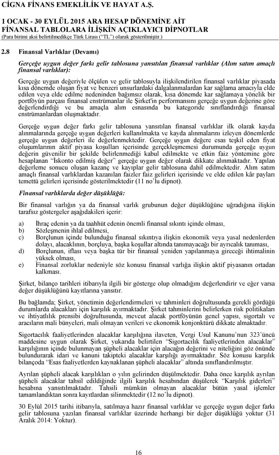 dönemde kar sağlamaya yönelik bir portföyün parçası finansal enstrümanlar ile Şirket'in performansını gerçeğe uygun değerine göre değerlendirdiği ve bu amaçla alım esnasında bu kategoride