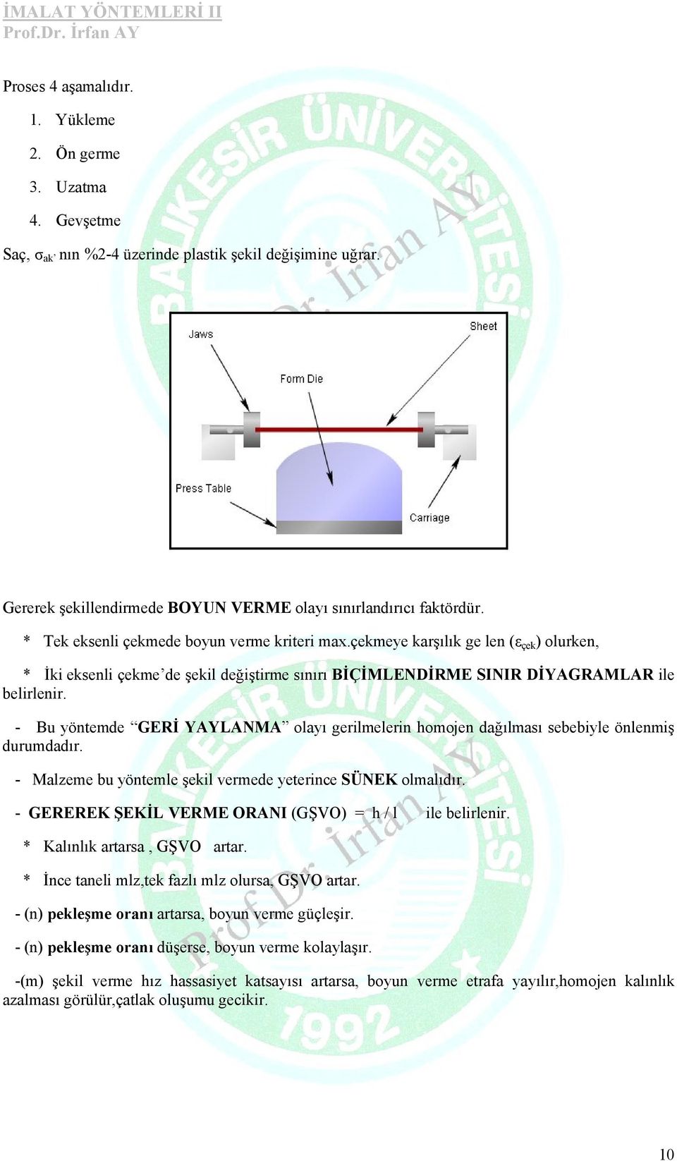 - Bu yöntemde GERİ YAYLANMA olayı gerilmelerin homojen dağılması sebebiyle önlenmiş durumdadır. - Malzeme bu yöntemle şekil vermede yeterince SÜNEK olmalıdır.