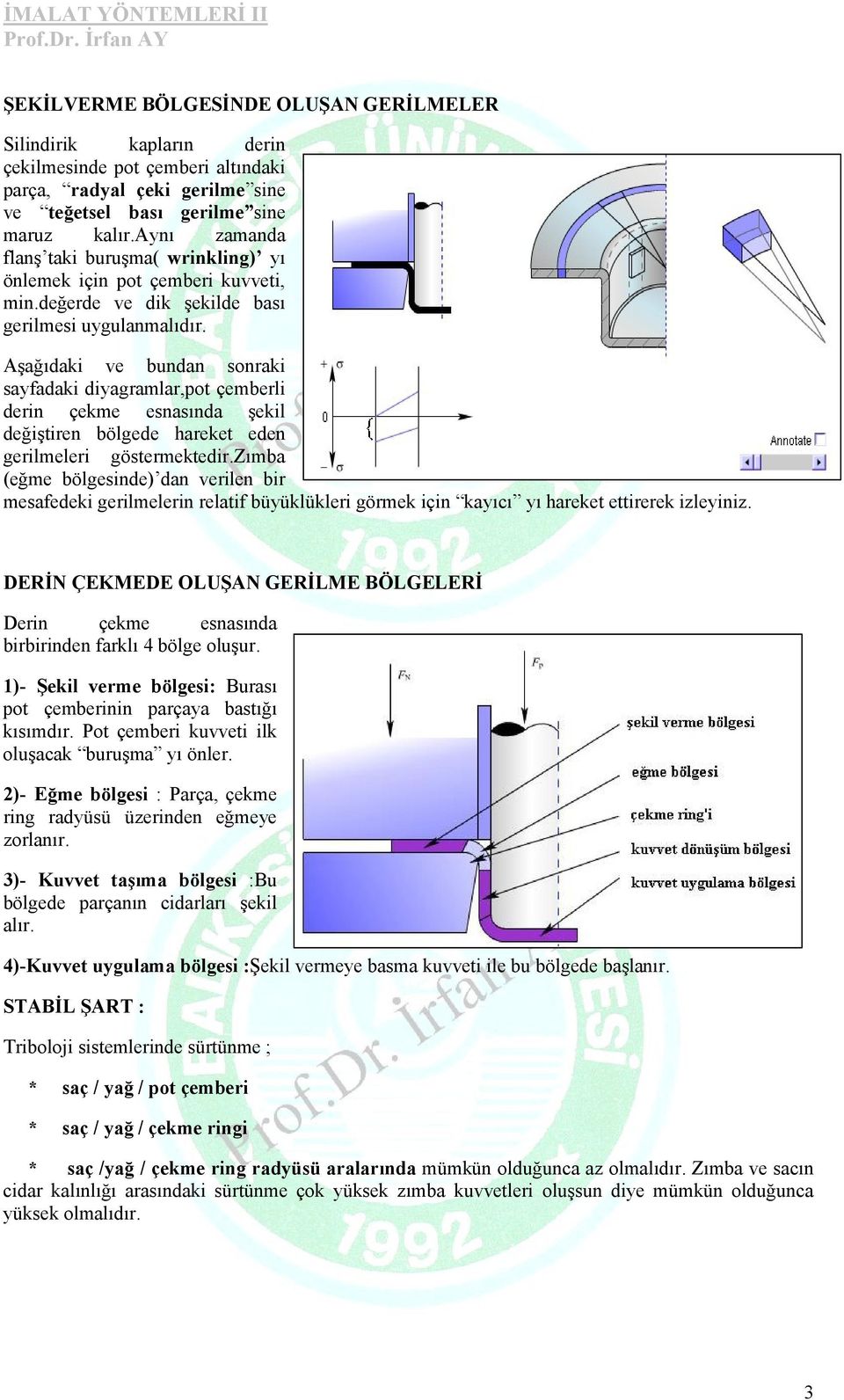 Aşağıdaki ve bundan sonraki sayfadaki diyagramlar,pot çemberli derin çekme esnasında şekil değiştiren bölgede hareket eden gerilmeleri göstermektedir.