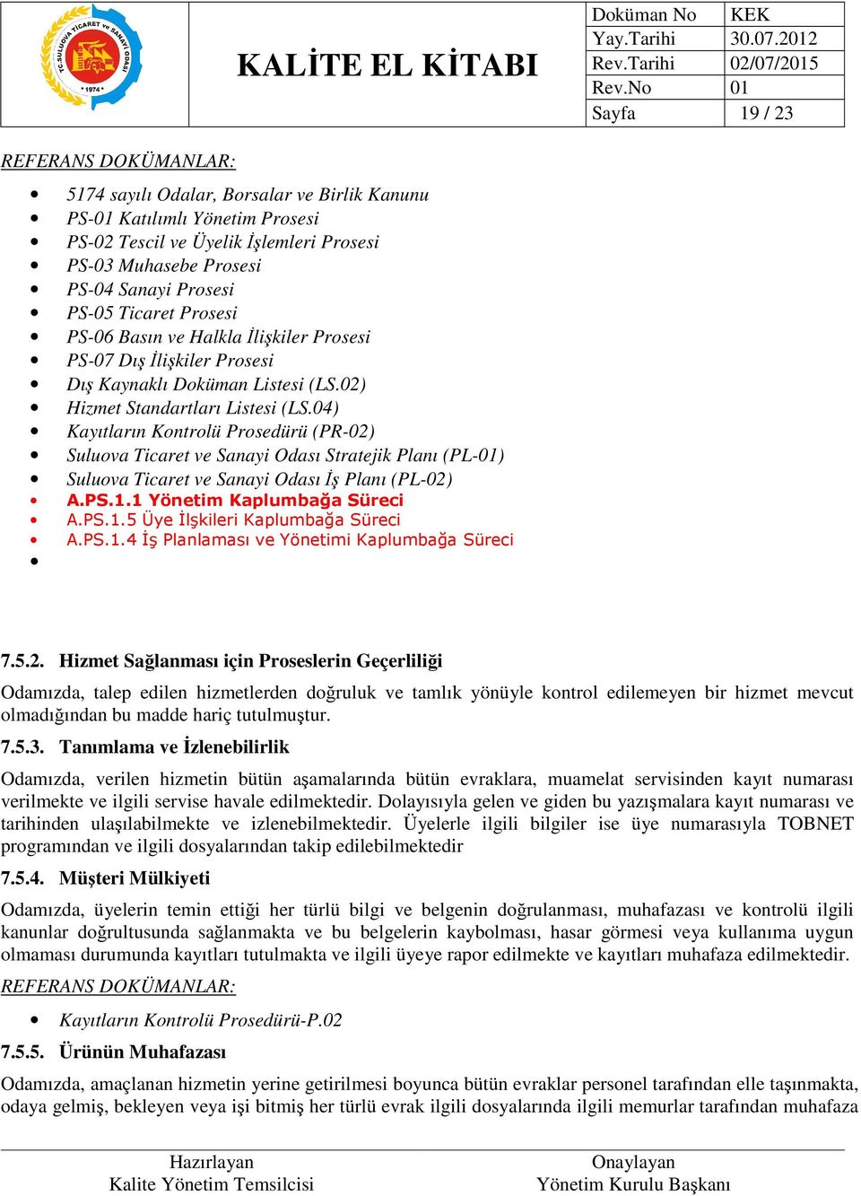 04) Kayıtların Kontrolü Prosedürü (PR-02) Suluova Ticaret ve Sanayi Odası Stratejik Planı (PL-01) Suluova Ticaret ve Sanayi Odası İş Planı (PL-02) A.PS.1.1 Yönetim Kaplumbağa Süreci A.PS.1.5 Üye İlşkileri Kaplumbağa Süreci A.