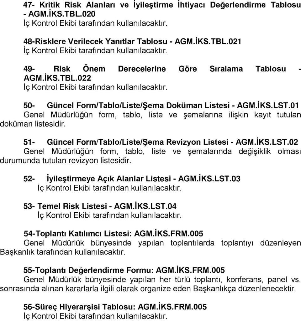 51- Güncel Form/Tablo/Liste/Şema Revizyon Listesi - AGM.İKS.LST.02 Genel Müdürlüğün form, tablo, liste ve şemalarında değişiklik olması durumunda tutulan revizyon listesidir.