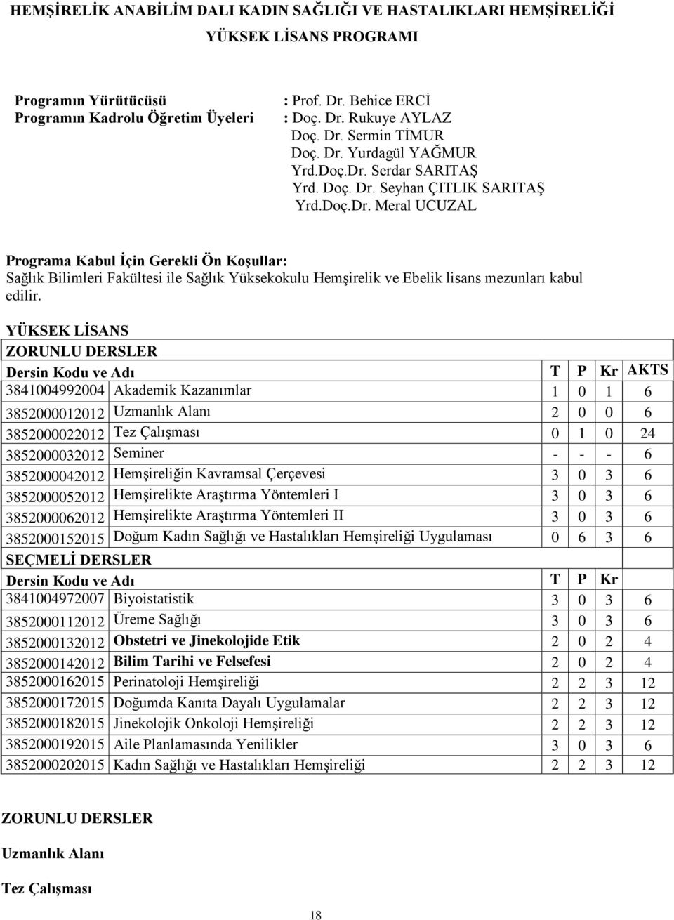 YÜKSEK LİSANS ZORUNLU DERSLER Dersin Kodu ve Adı T P Kr AKTS 3841004992004 Akademik Kazanımlar 1 0 1 6 3852000012012 Uzmanlık Alanı 2 0 0 6 3852000022012 Tez Çalışması 0 1 0 24 3852000032012 Seminer