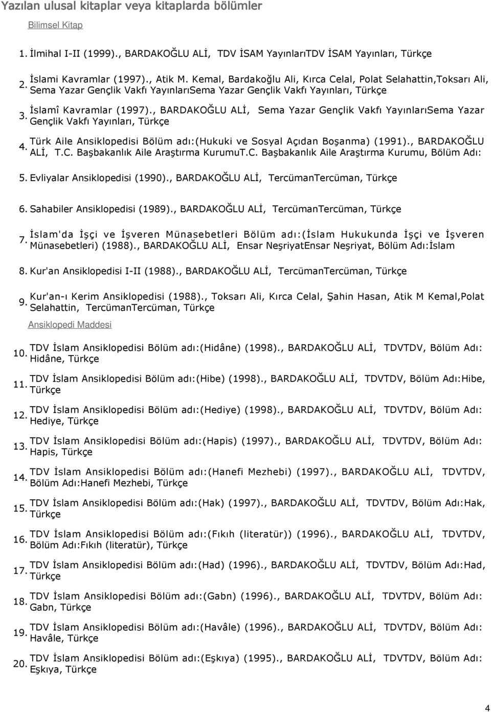 , BARDAKOĞLU ALİ, Sema Yazar Gençlik Vakfı YayınlarıSema Yazar 3. Gençlik Vakfı Yayınları, Türk Aile Ansiklopedisi Bölüm adı(hukuki ve Sosyal Açıdan Boşanma) (1991)., BARDAKOĞLU 4. ALİ, T.C.