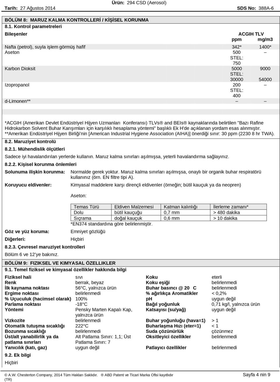 d-limonen** *ACGIH (Amerikan Devlet Endüstriyel Hijyen Uzmanları Konferansı) TLVs and BEIs kaynaklarında belirtilen "Bazı Rafine Hidrokarbon Solvent Buhar Karışımları için karşılıklı hesaplama