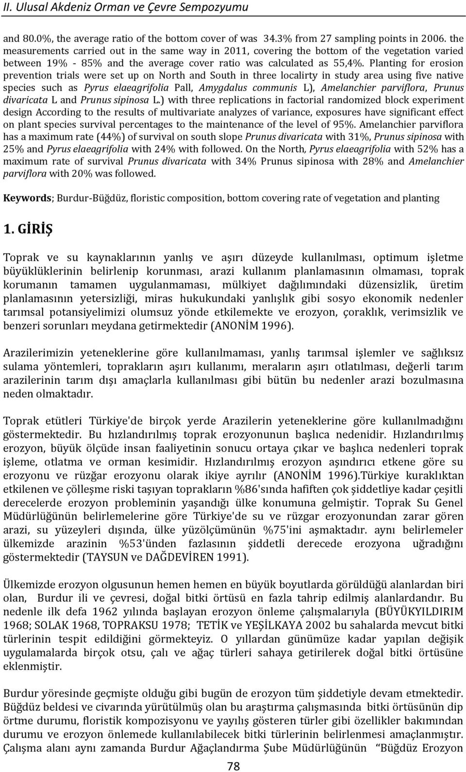 Planting for erosion prevention trials were set up on North and South in three localirty in study area using five native species such as Pyrus elaeagrifolia Pall, Amygdalus communis L), Amelanchier